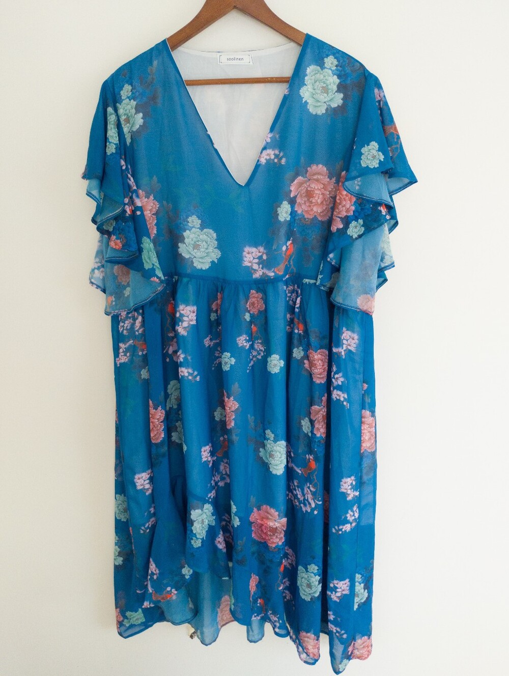 Soolinen Blue Floral Chiffon Midi Dress V-Neck Flutter Sleeve Sheer Boho OS